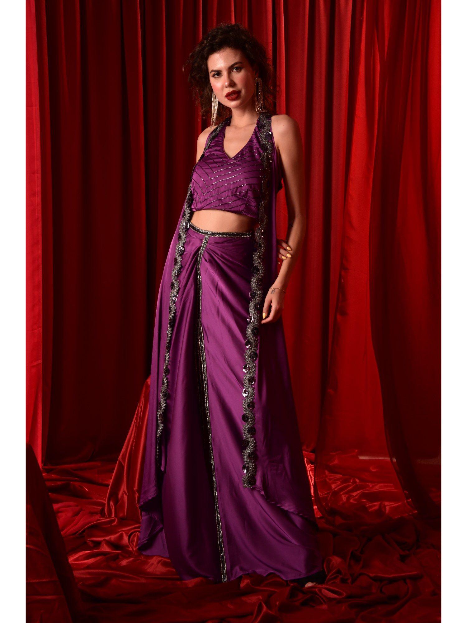 purple embellished crop top with wrap lehenga and shrug (set of 3)