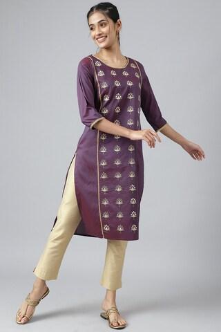 purple embellished ethnic round neck 3/4th sleeves women regular fit kurta