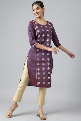 purple embellished ethnic round neck 3/4th sleeves women regular fit kurta