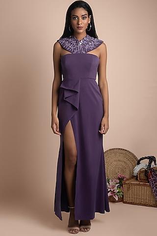 purple embellished gown with slit