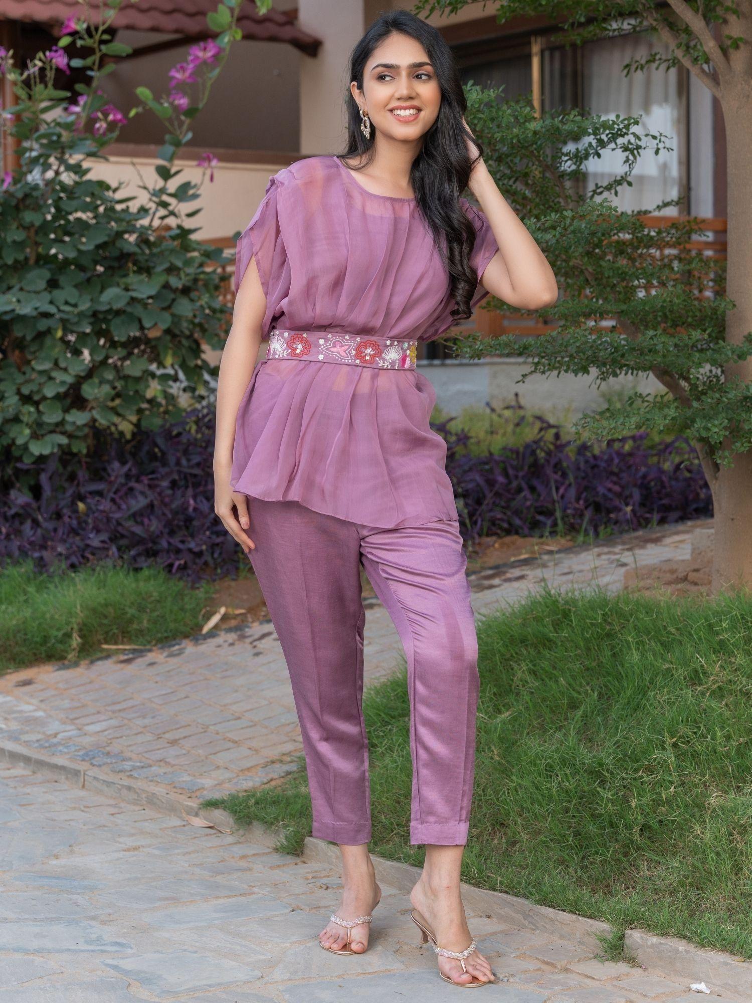 purple embellished kaftan co-ord (set of 4)