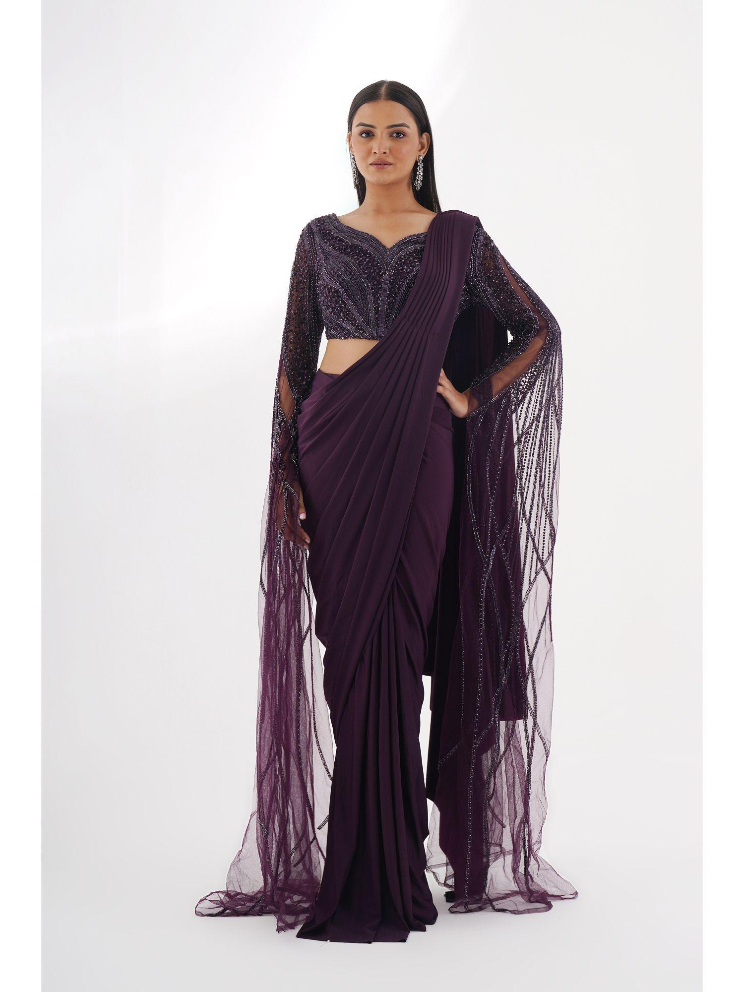 purple embellished pre-drape saree with stitched blouse