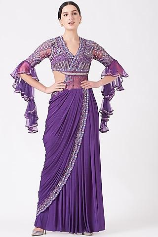 purple embellished pre-stitched gown saree set