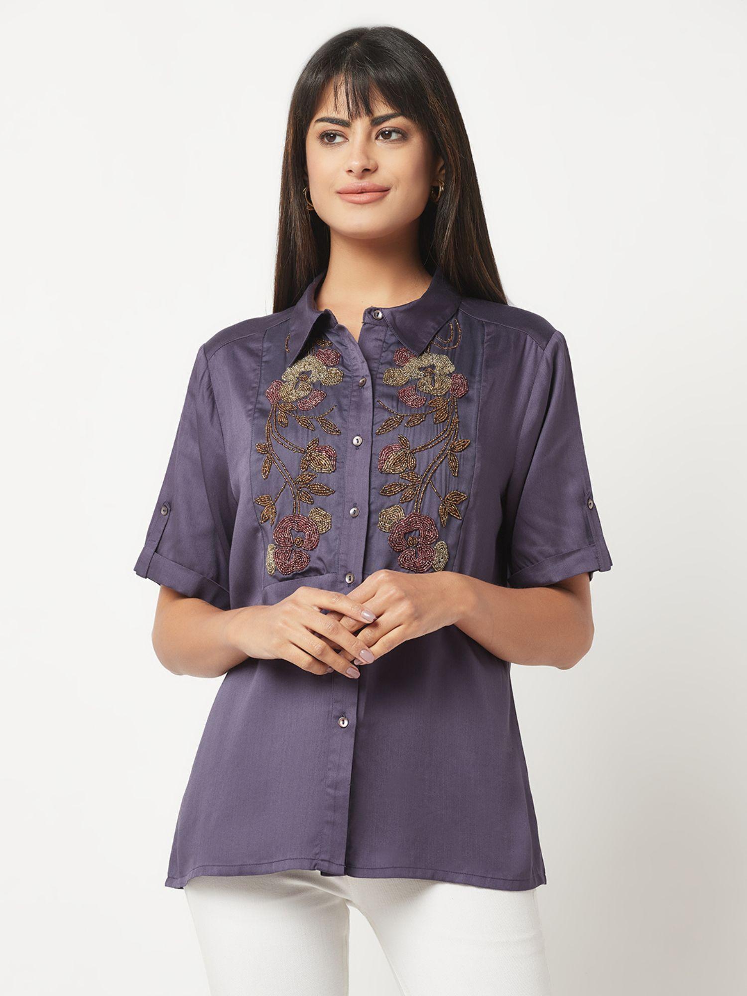 purple embellished satin shirt