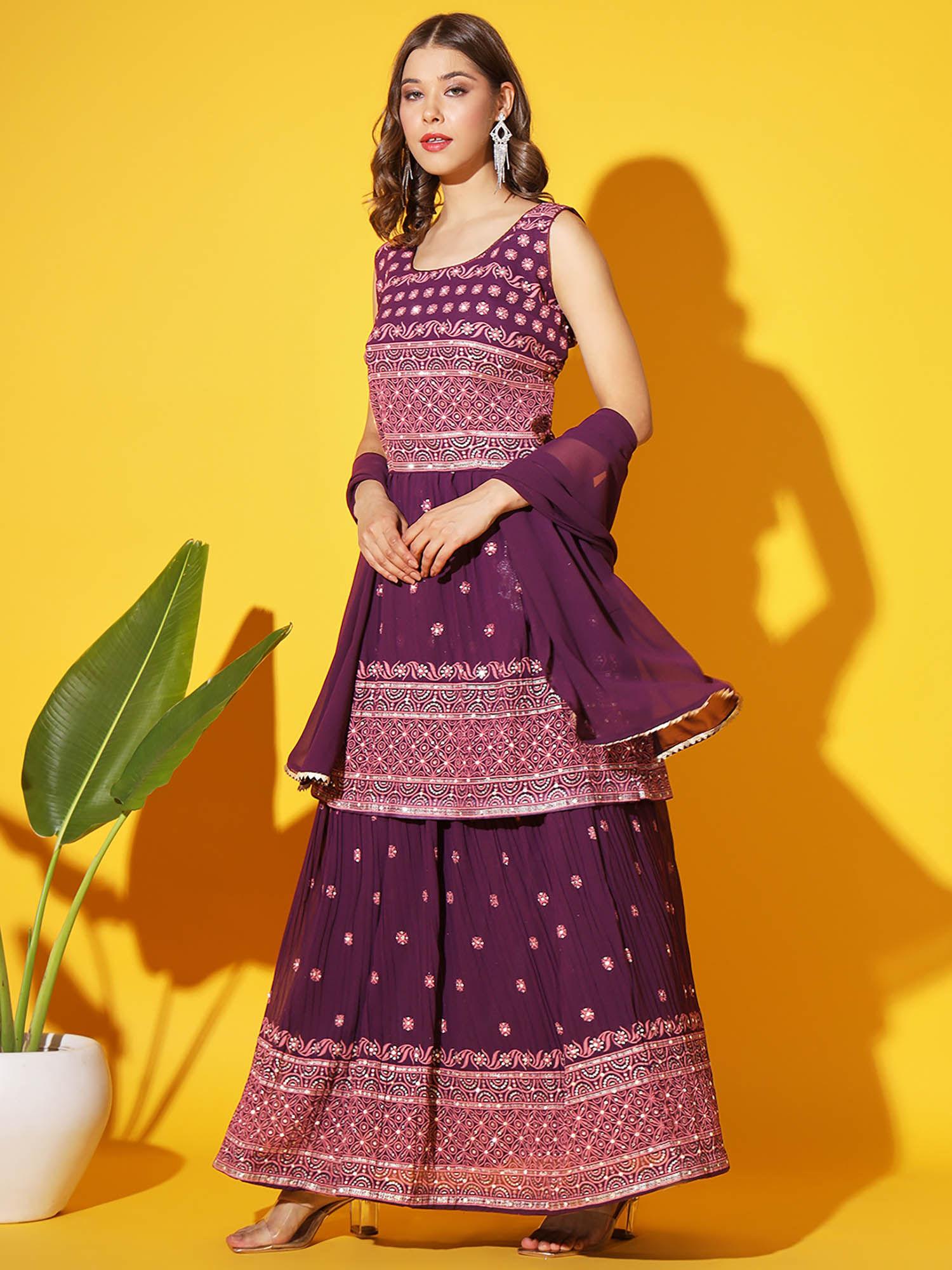 purple embellished sequined flared kurta and skirt with dupatta (set of 3)