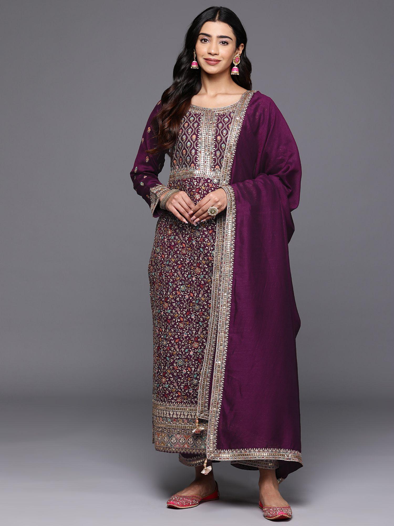 purple embellished silk blend kurta with trousers and dupatta (set of 3)
