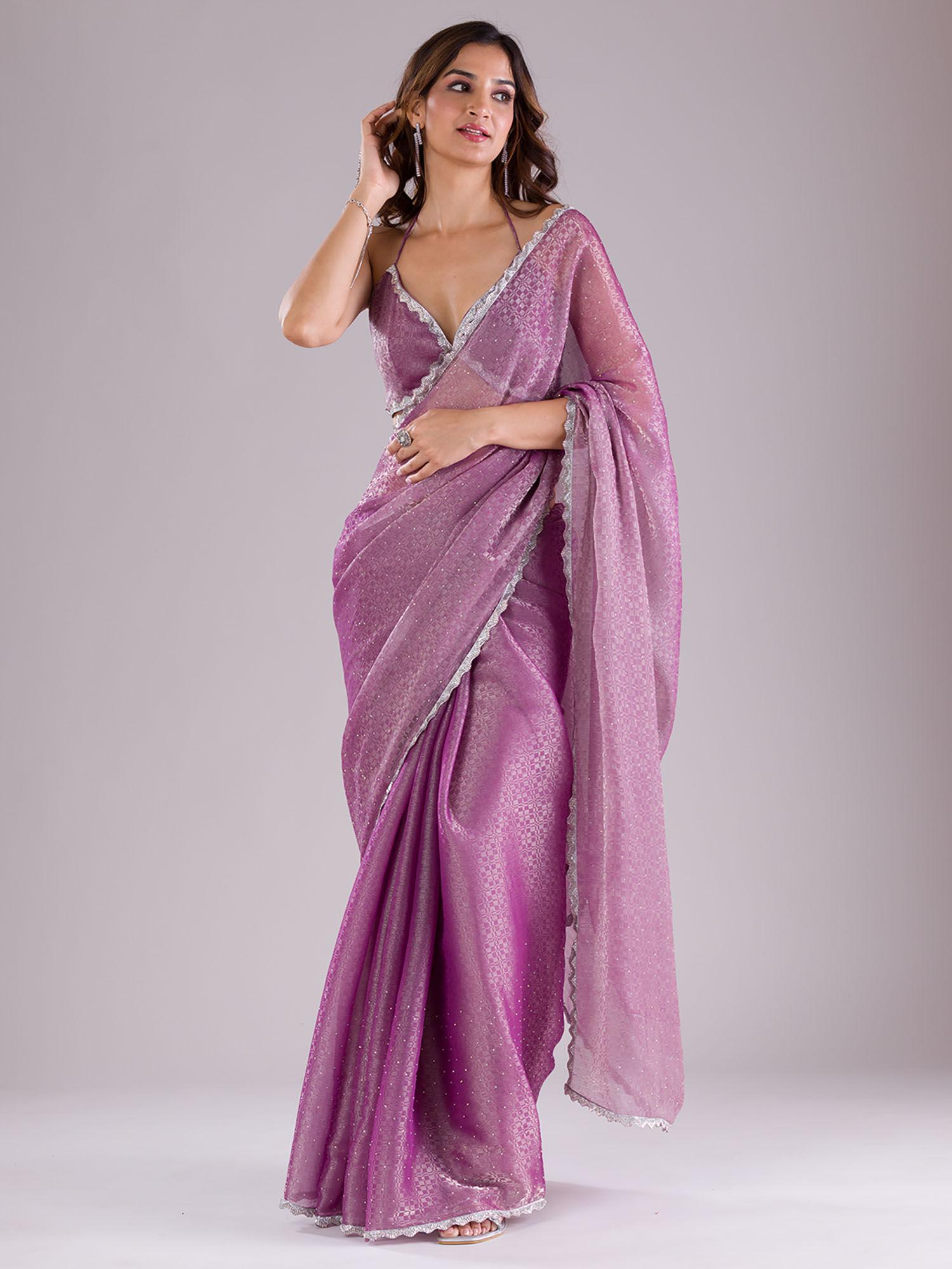 purple embellished stone work semi crepe saree with unstitched blouse