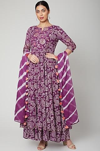 purple embroidered & layered anarkali with dupatta