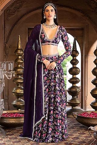 purple embroidered & printed lehenga set