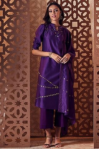 purple embroidered a-line kurta set