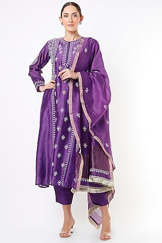 purple embroidered a-line kurta set