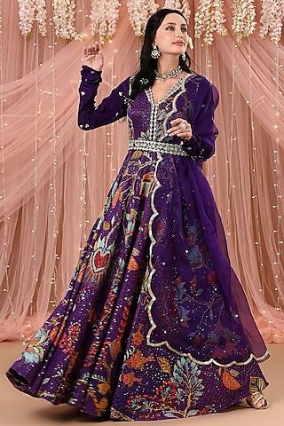 purple embroidered anarkali set