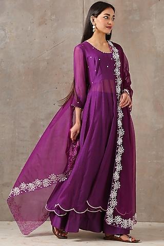 purple embroidered anarkali set