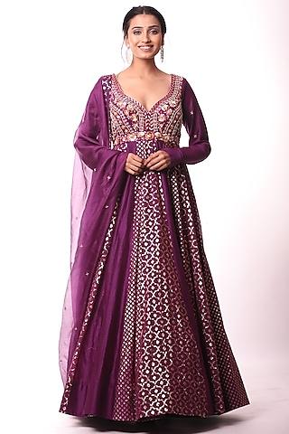 purple embroidered anarkali set