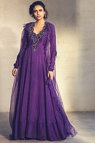 purple embroidered anarkali with cape