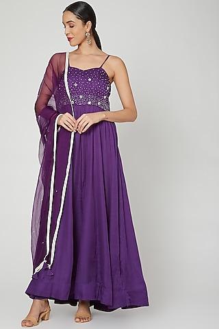 purple embroidered anarkali with dupatta