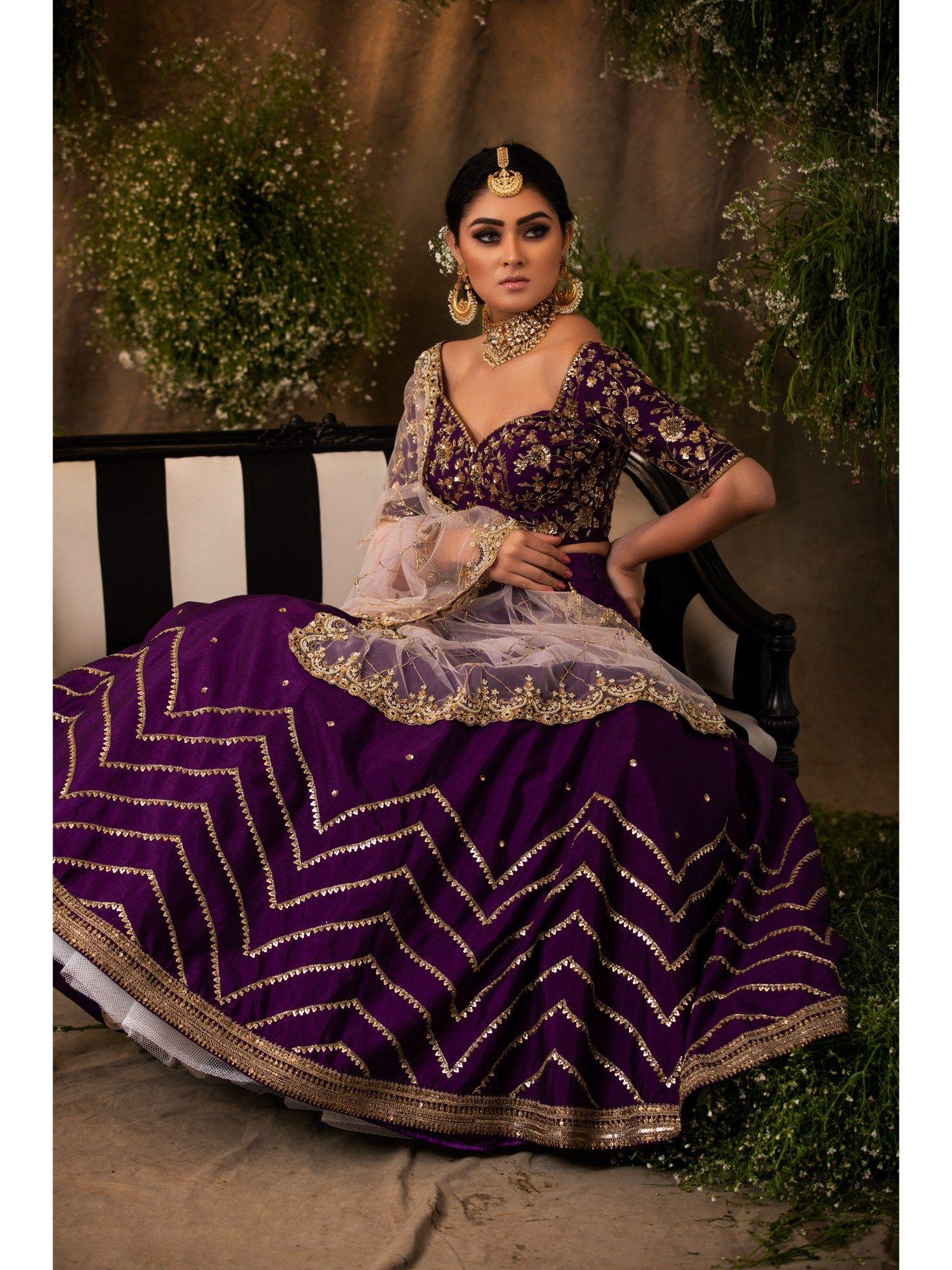 purple embroidered and embellished lehenga with choli and dupatta (set of 3)