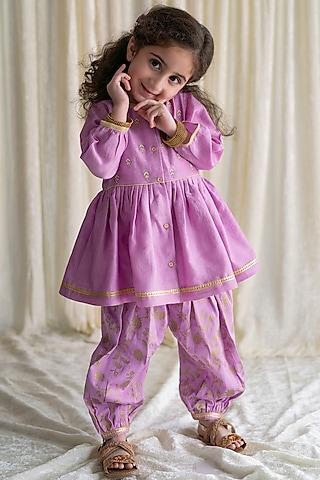 purple embroidered angrakha kurta set with hair bow clip for girls