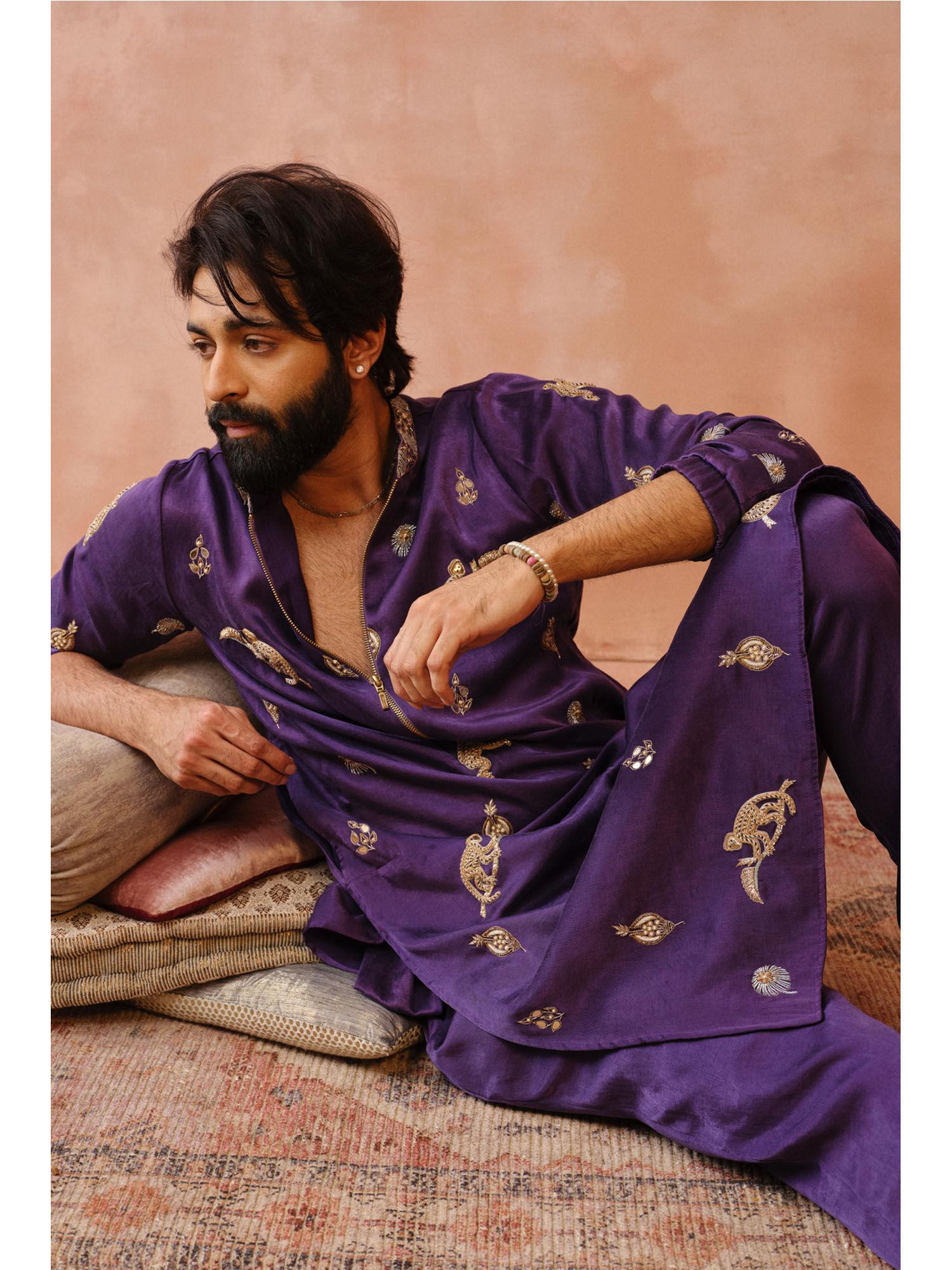 purple embroidered bomber kurta with jogger pant (set of 2)