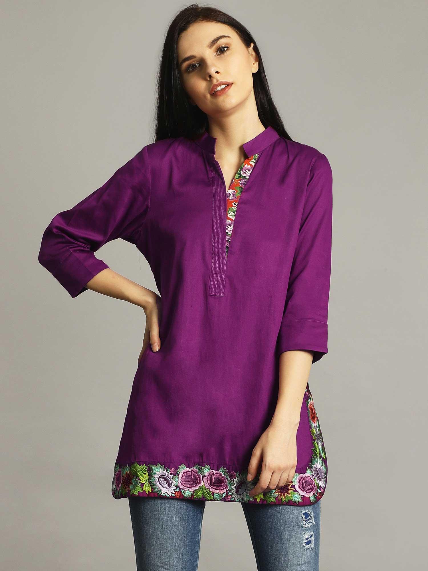 purple embroidered border tunic