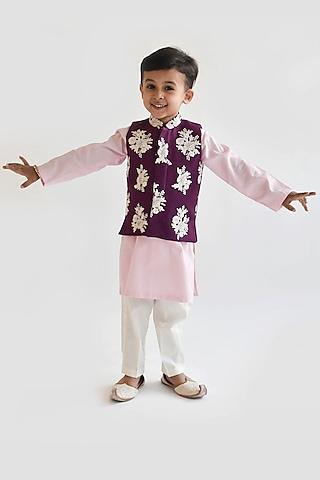 purple embroidered bundi jacket with kurta set for boys