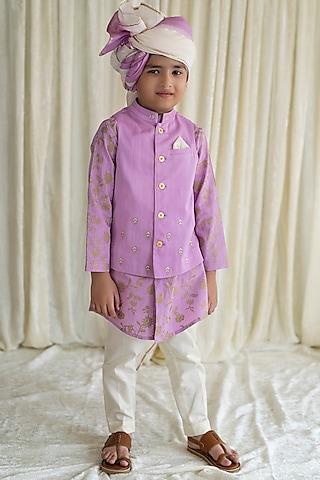 purple embroidered bundi jacket with kurta set for boys