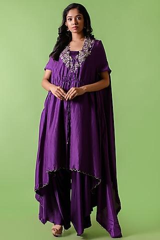 purple embroidered cape set