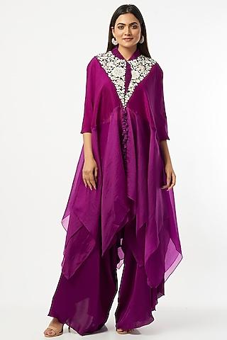 purple embroidered cape set