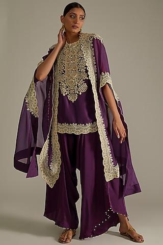 purple embroidered cape set