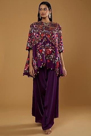 purple embroidered cape set