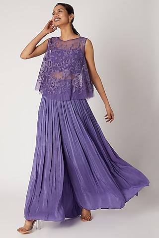 purple embroidered cape with bustier & pleated pants