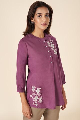 purple embroidered casual 3/4th sleeves mandarin women regular fit  tunic