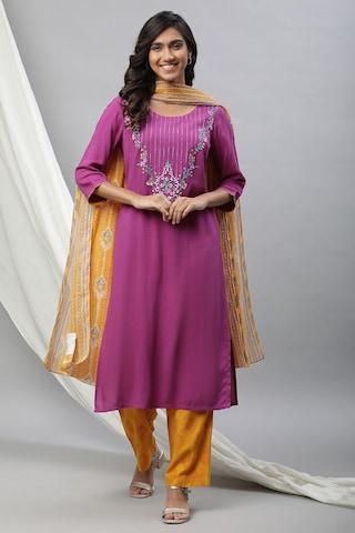 purple embroidered casual 3/4th sleeves round neck women regular fit pant kurta dupatta set