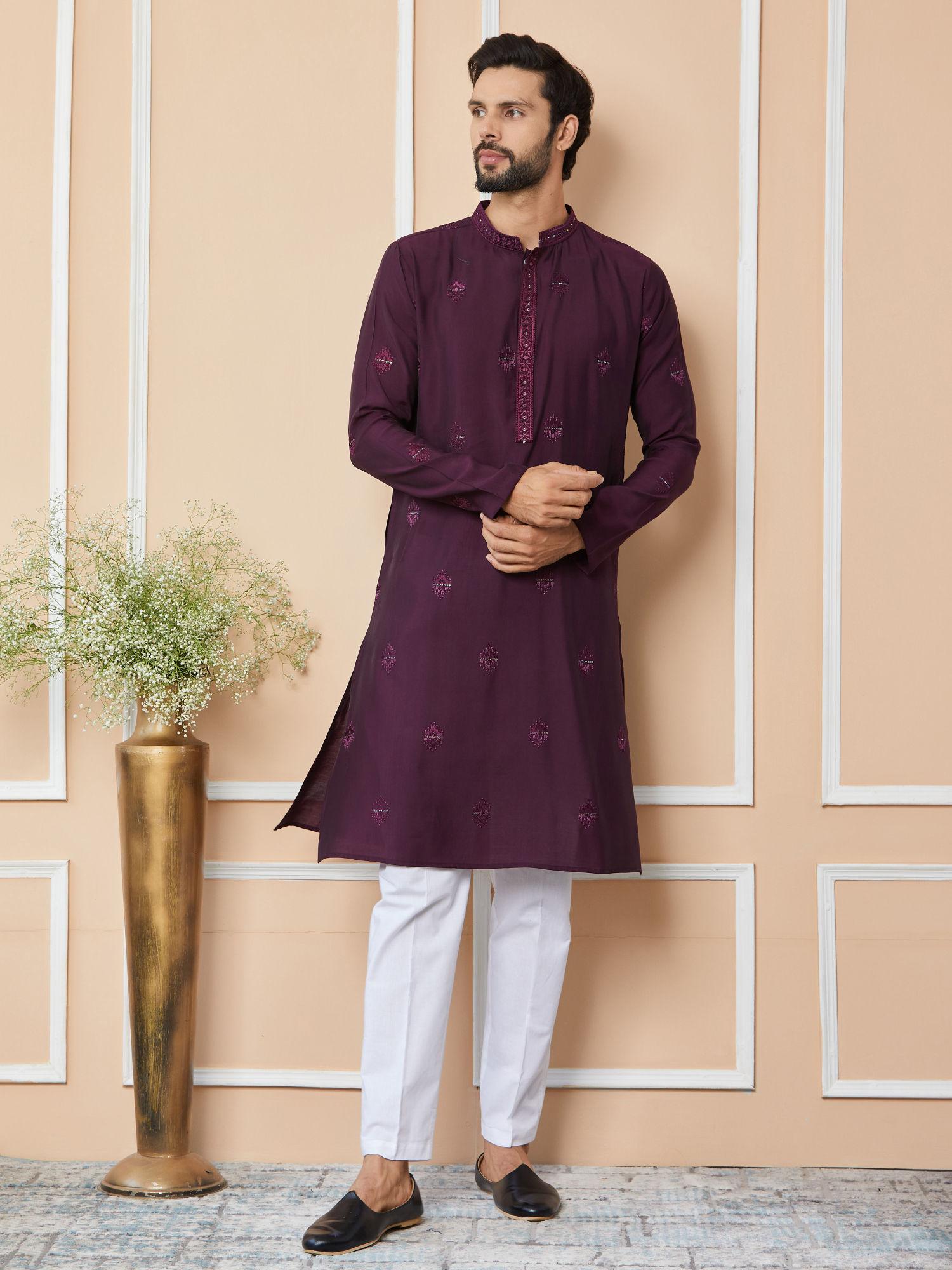 purple embroidered chanderi silk kurta with pyjama (set of 2)