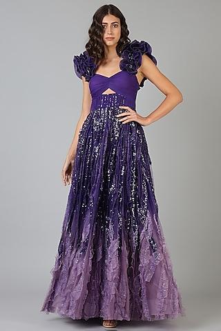 purple embroidered cocktail gown