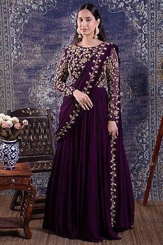 purple embroidered draped gown saree