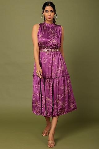 purple embroidered dress with belt