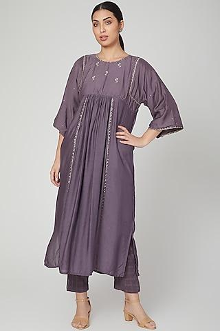 purple embroidered dress with pants
