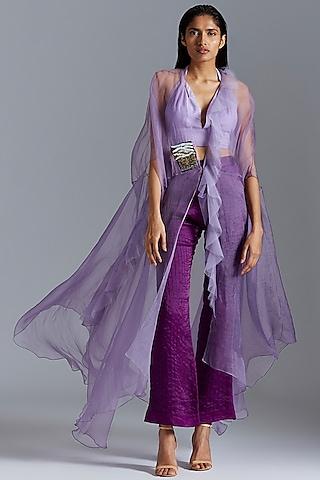 purple embroidered flared cape with pants