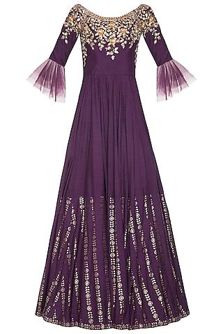 purple embroidered foil print anarkali gown set