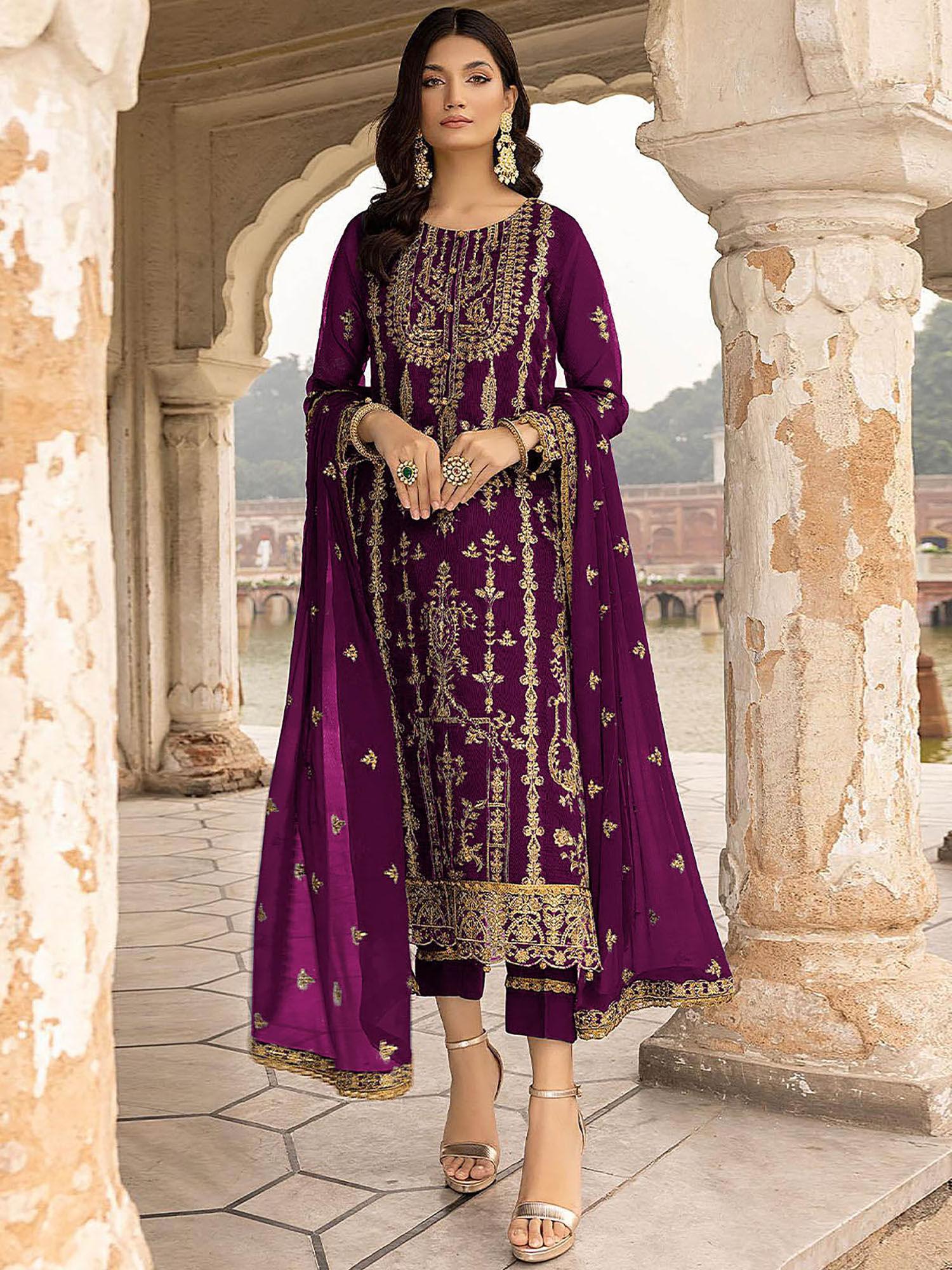 purple embroidered georgette semi stitched suit (set of 3)