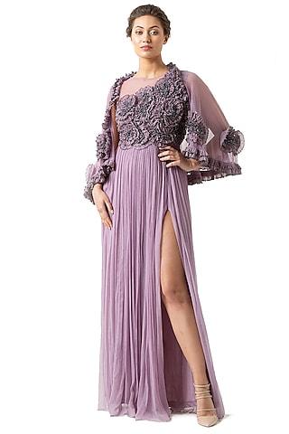 purple embroidered gown with cape