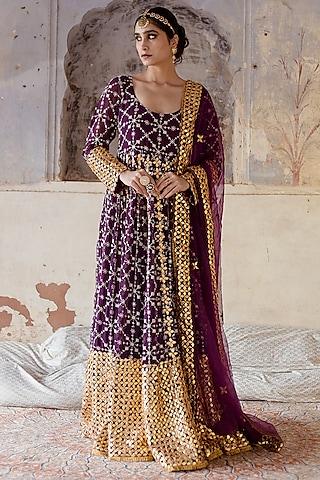 purple embroidered gown with dupatta