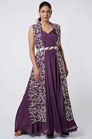 purple embroidered gown with jacket