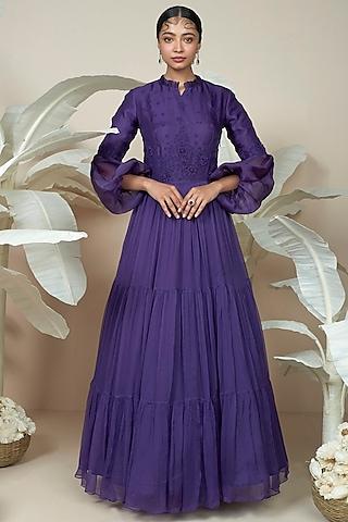 purple embroidered gown