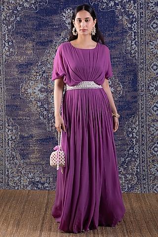 purple embroidered gown