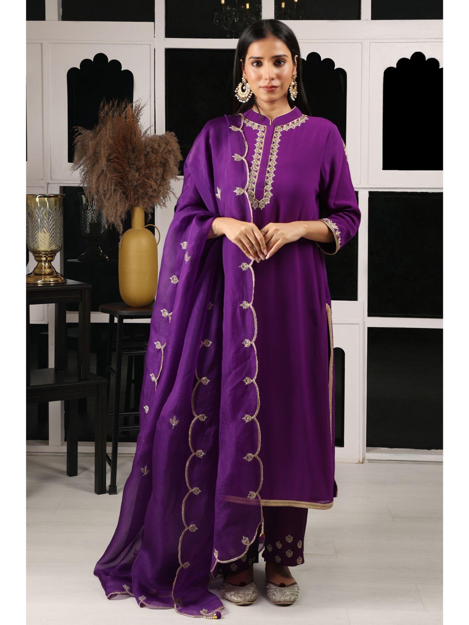 purple embroidered kurta & pant with dupatta (set of 3)
