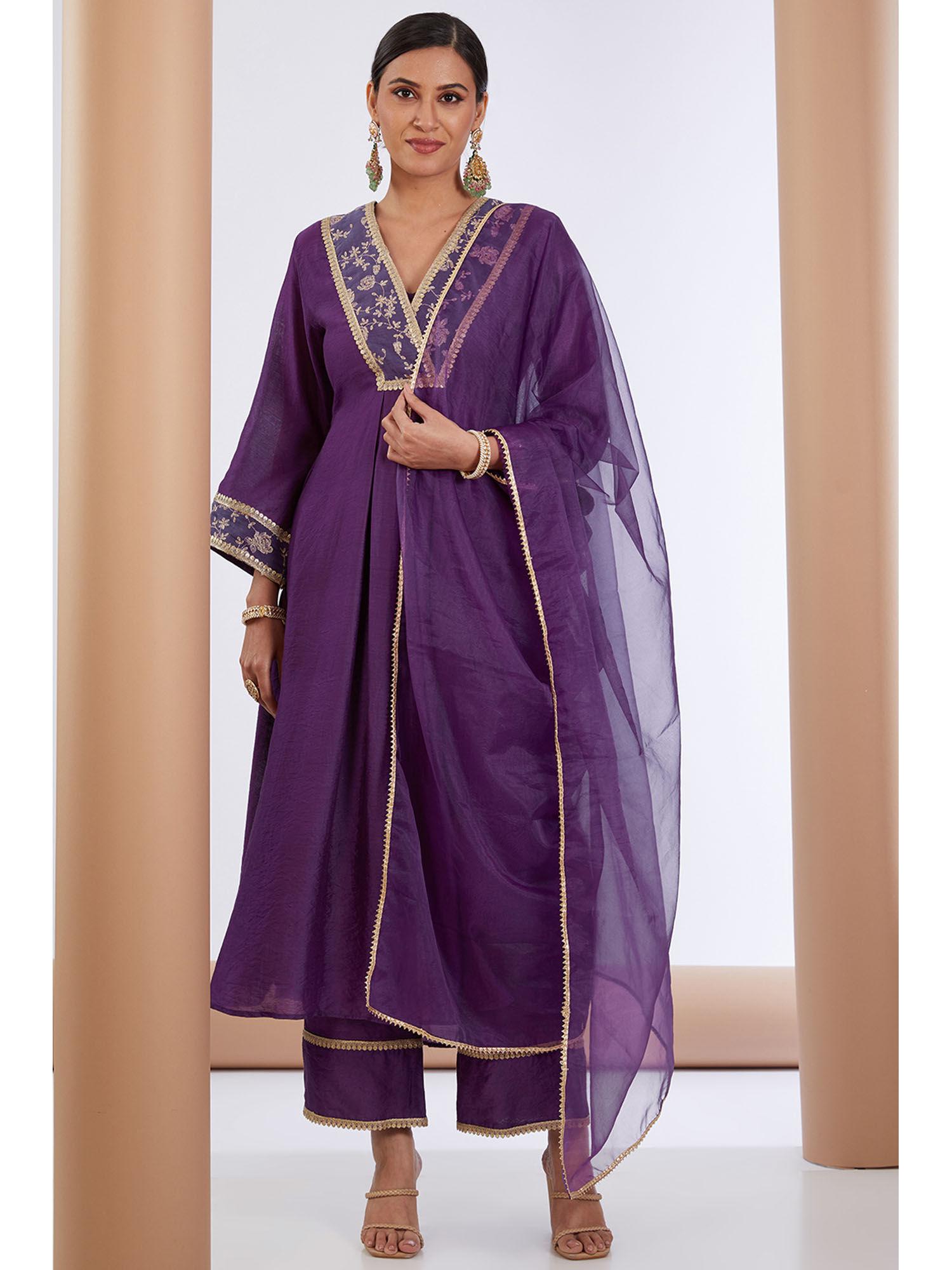 purple embroidered kurta pant & dupatta (set of 3)