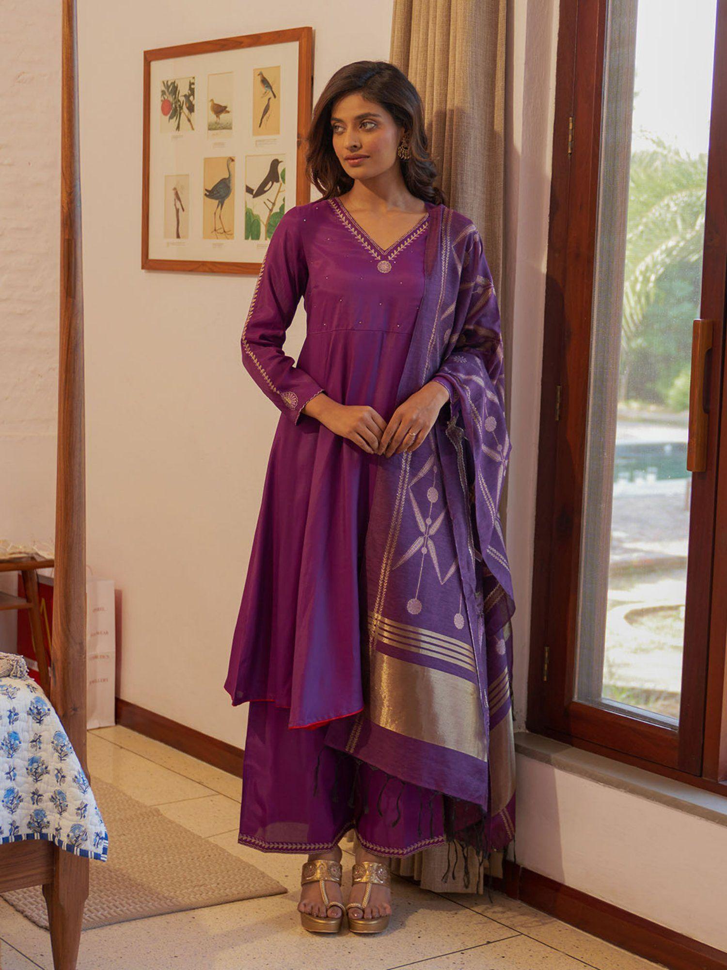 purple embroidered kurta parallel pants & dupatta (set of 3)