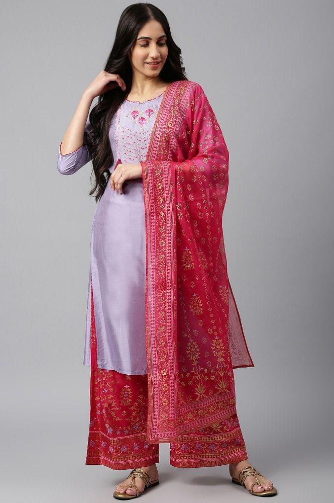 purple embroidered kurta-pink palazzo-dupatta set